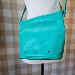 Vtg 1984 Confetti Bag Bazaar Teal Embossed Memphis Deco Crossbody Bucket Bag